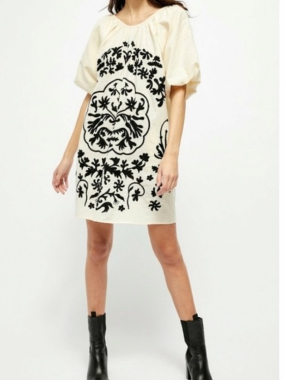 Free People Fiona Puff Sleeve & Black Embroidery Dress - size small - Picture 1 of 6